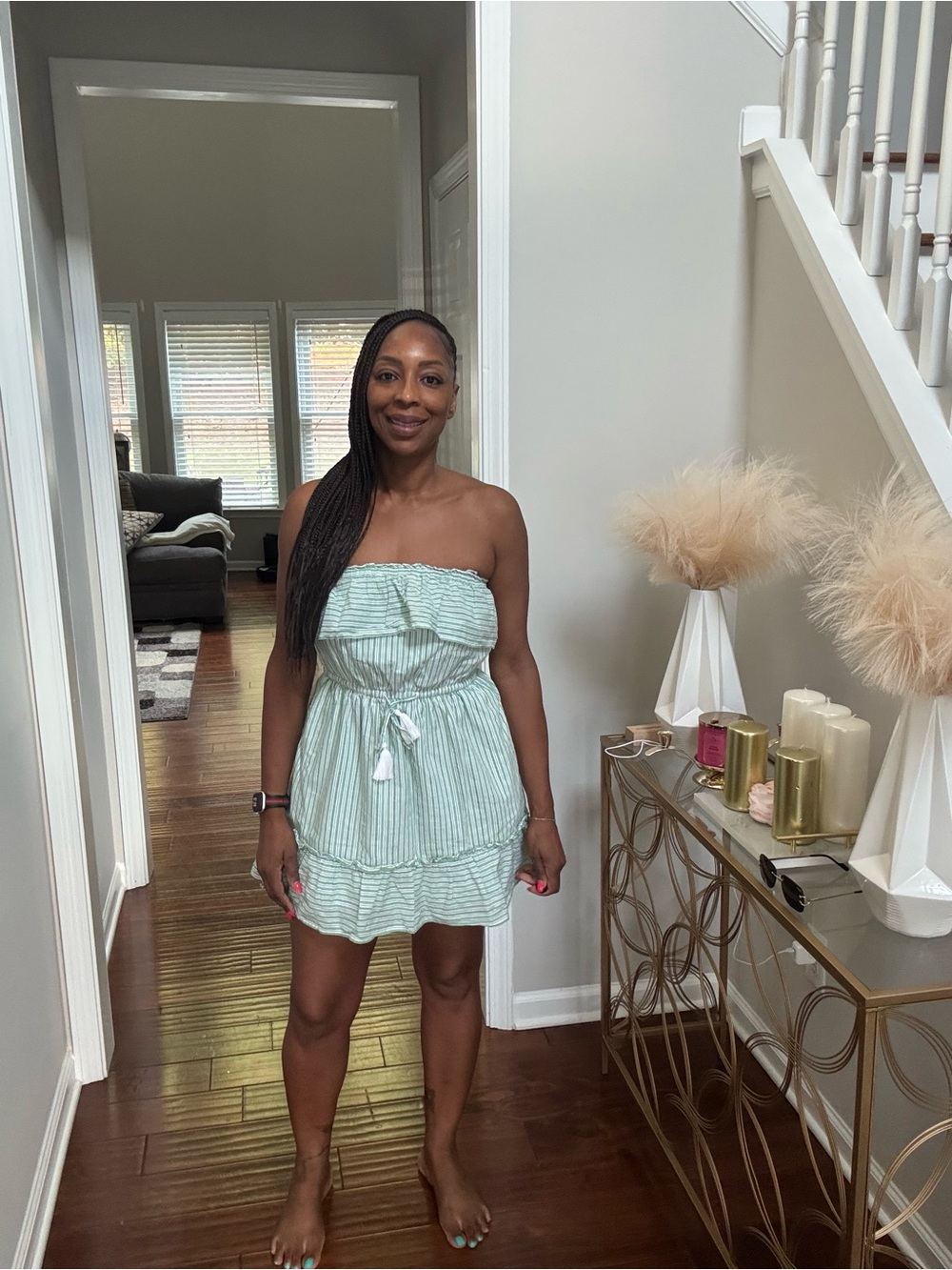 American Eagle Outfitters Mint Green & White Striped Strapless Sundress